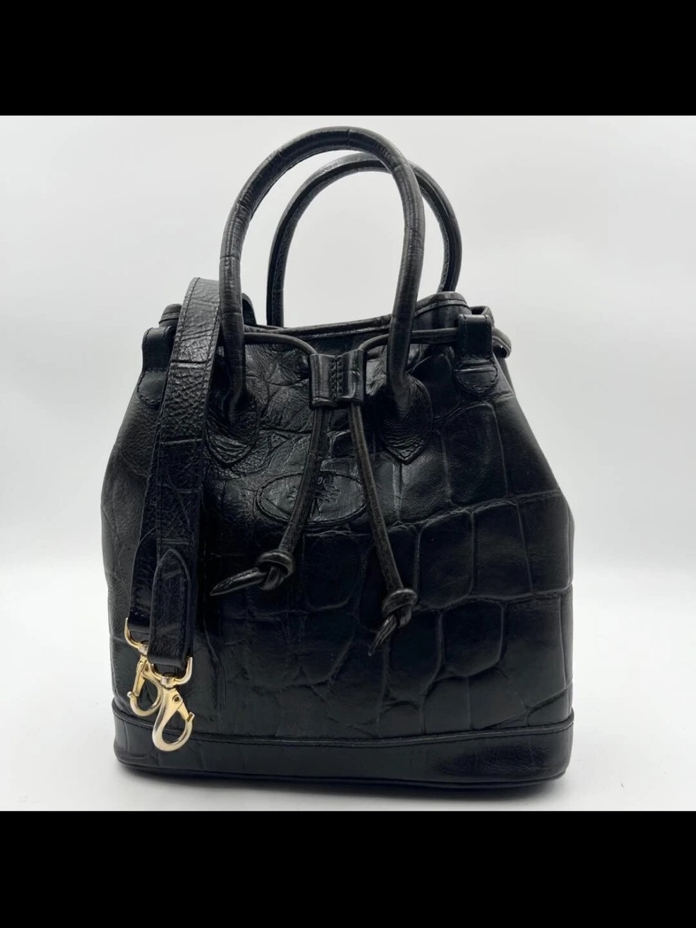 Mulberry Black Croc-Embossed Leather Drawstring Shoulder Bag